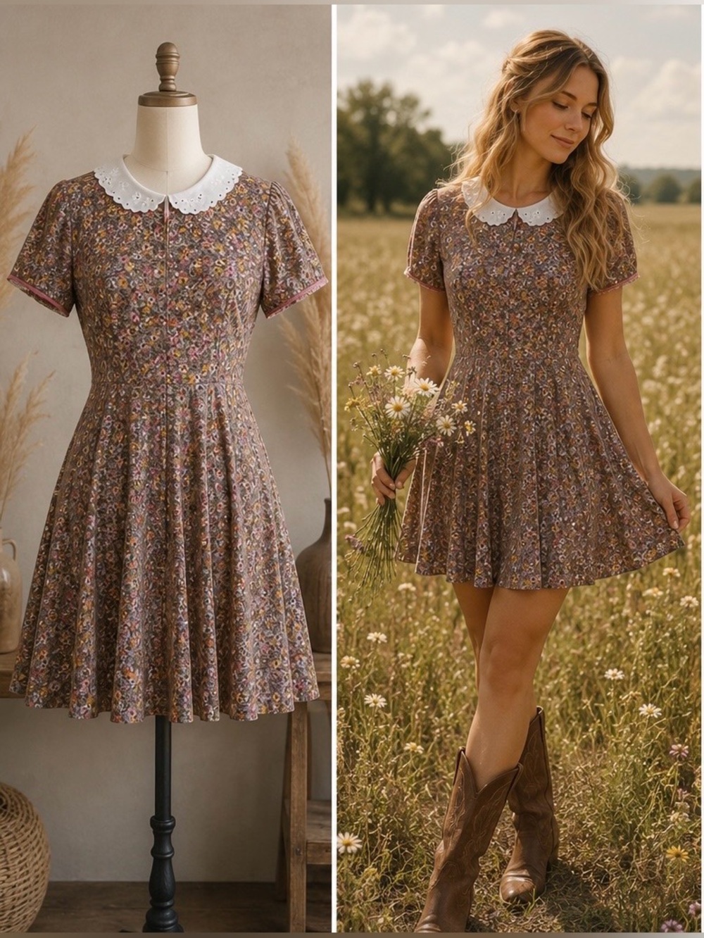 Vintage 70s Gunne Sax Style Calico Floral Cottagecore Babydoll Mini Dress XS